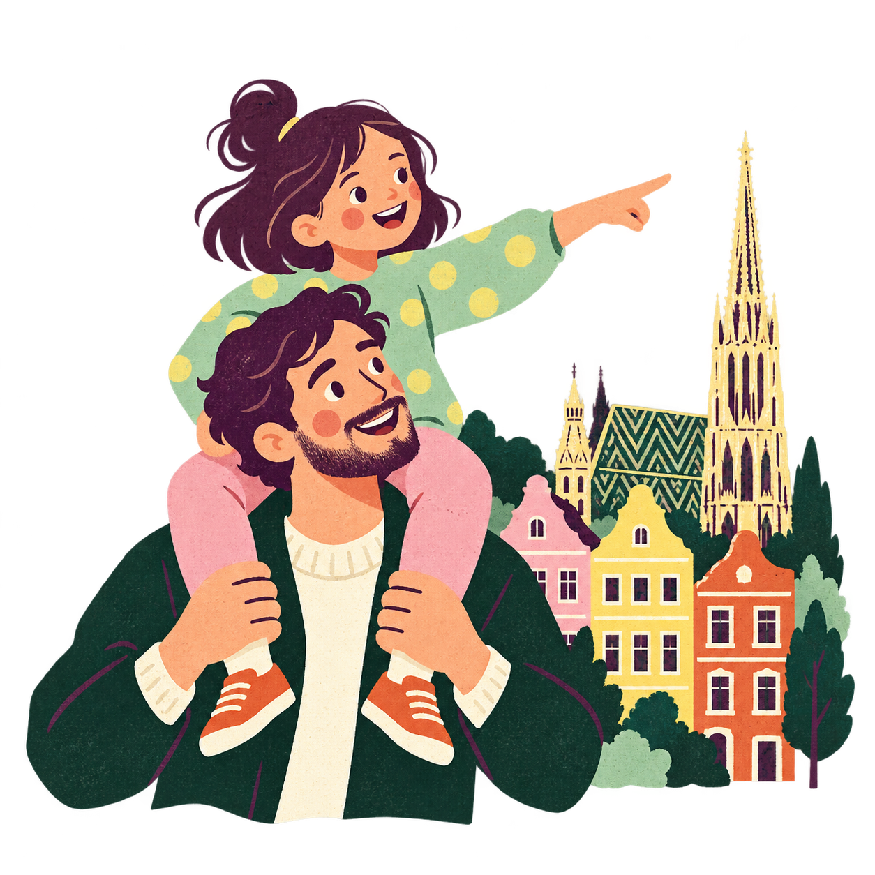 Illustration einer Familie, die gemeinsam die Stadt entdeckt