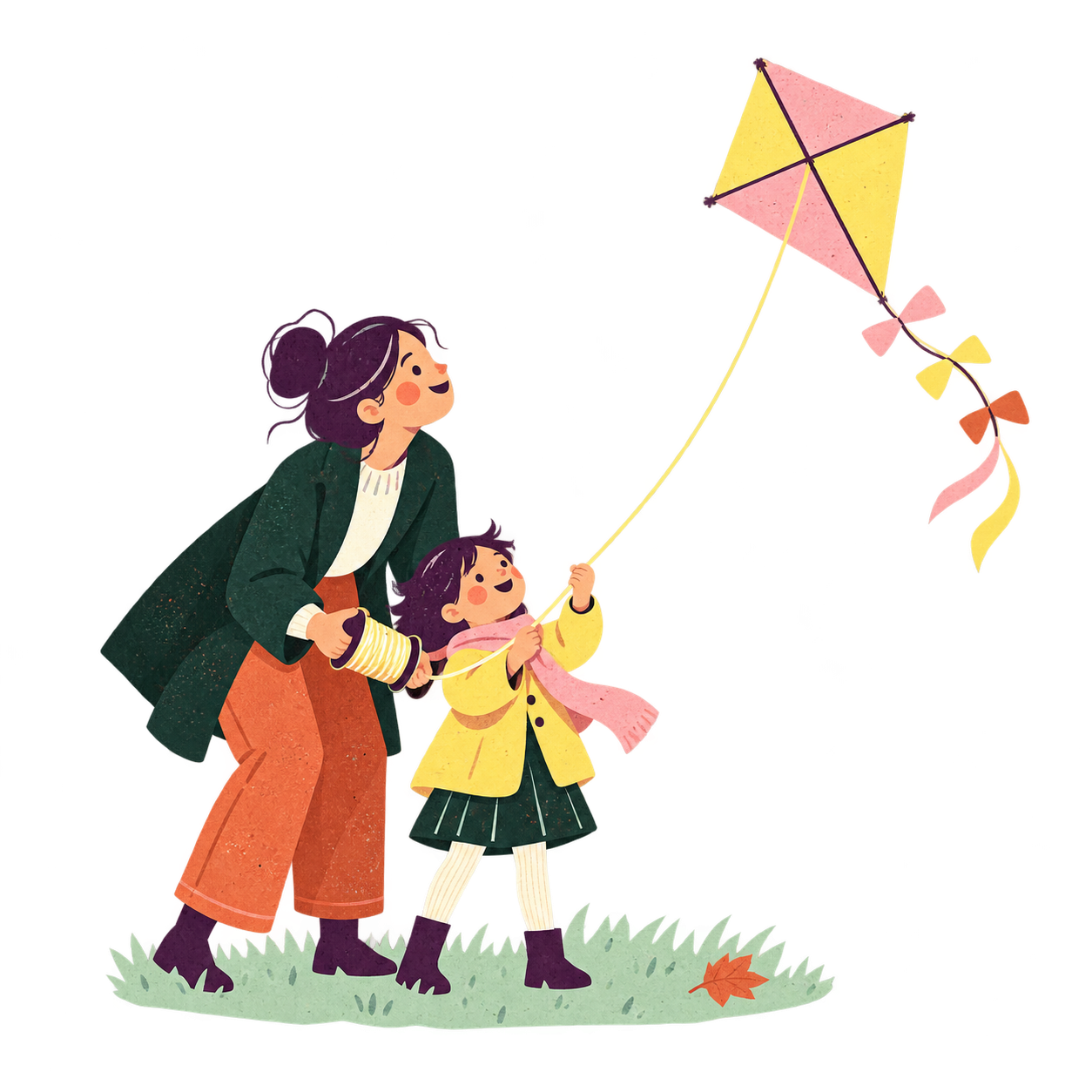 Illustration einer Familie beim Drachensteigen